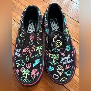 Vans Kids Black Slip-On Sneakers with Neon Patterns glows in dark